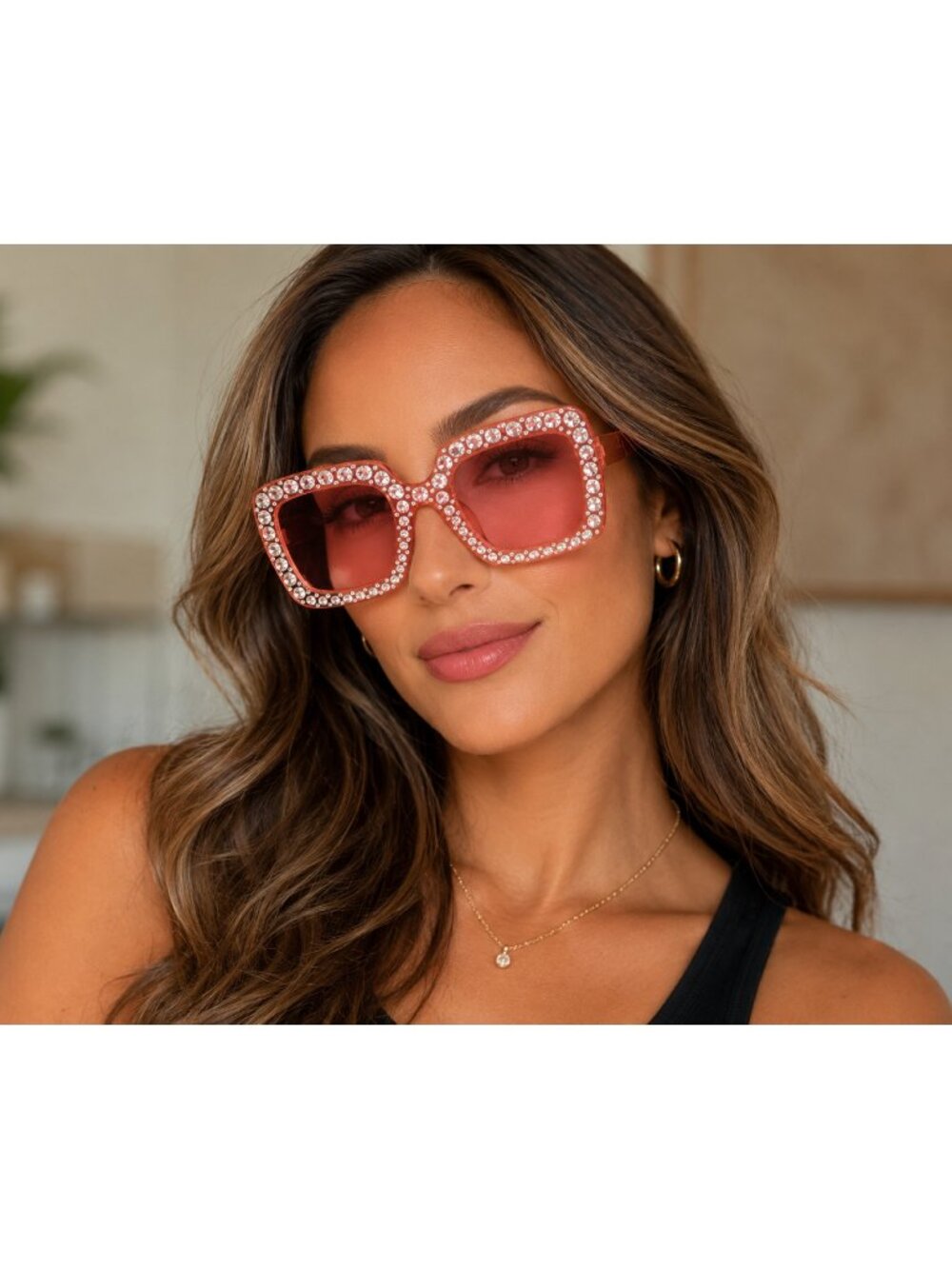 Pink Rhinestone Square Sunglasses Bling Statement Fashion Shades Mirror Lens